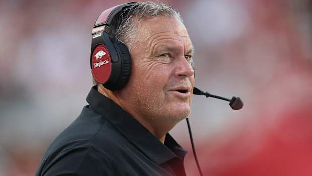 Razorbacks coach Sam Pittman on sidelines against BYU on Saturday night